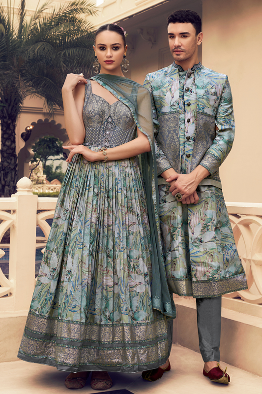 Ethnic Mint Green Printed Skirt & Kurta Jacket Set for Couple - LaVante Fashion