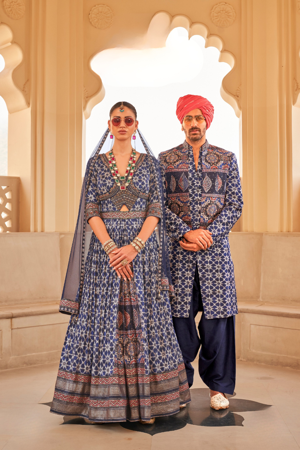 Blue Anarkali Dress and Navy Blue Printed Kurta Set for Couple - LaVante Fashion