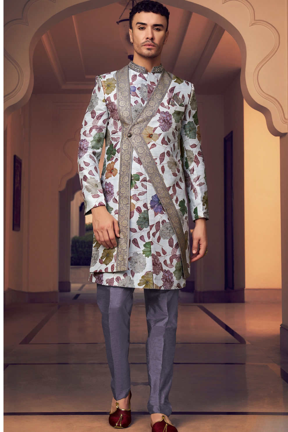 Ethnic Purple Printed Skirt & Kurta Jacket Set for Couple - LaVante Fashion