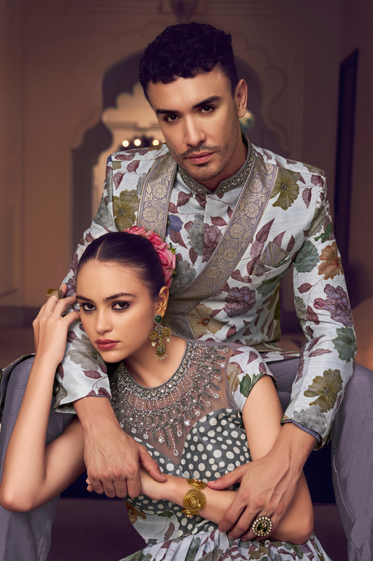 Ethnic Purple Printed Skirt & Kurta Jacket Set for Couple - LaVante Fashion