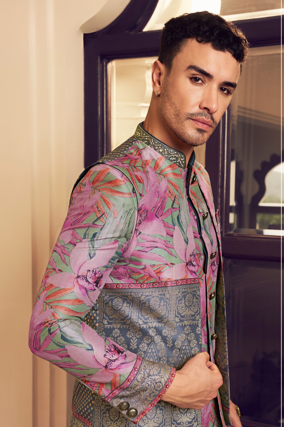 Ethnic Pink Printed Skirt & Kurta Jacket Set for Couple - LaVante Fashion