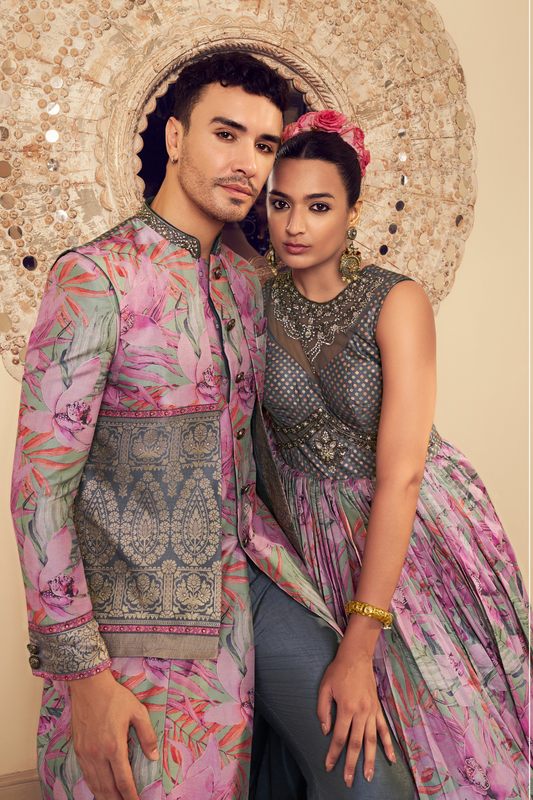 Ethnic Pink Printed Skirt & Kurta Jacket Set for Couple - LaVante Fashion