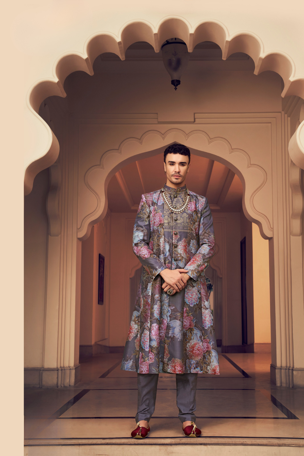 Ethnic Grey Printed Skirt & Kurta Jacket Set for Couple - LaVante Fashion