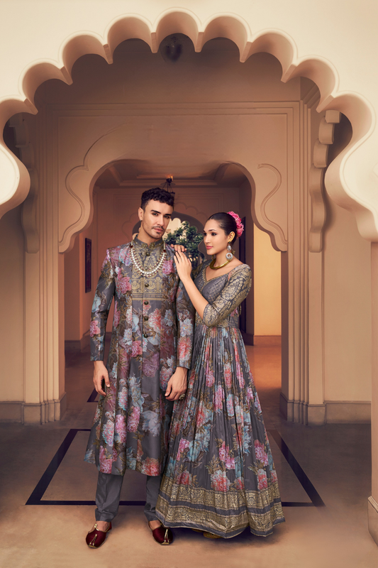Ethnic Grey Printed Skirt & Kurta Jacket Set for Couple - LaVante Fashion