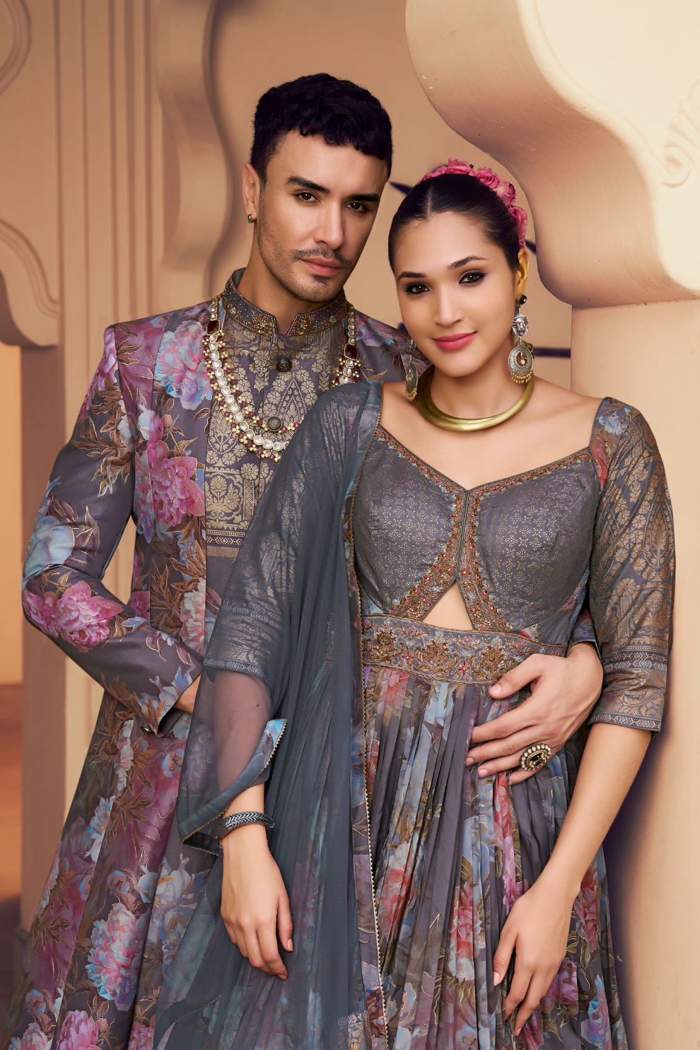 Ethnic Grey Printed Skirt & Kurta Jacket Set for Couple - LaVante Fashion