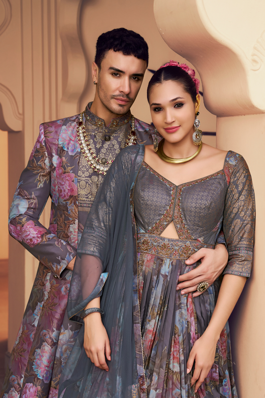 Ethnic Grey Printed Skirt & Kurta Jacket Set for Couple - LaVante Fashion