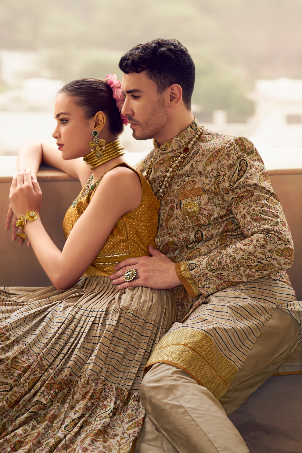Ethnic Beige Printed Skirt & Kurta Jacket Set for Couple - LaVante Fashion