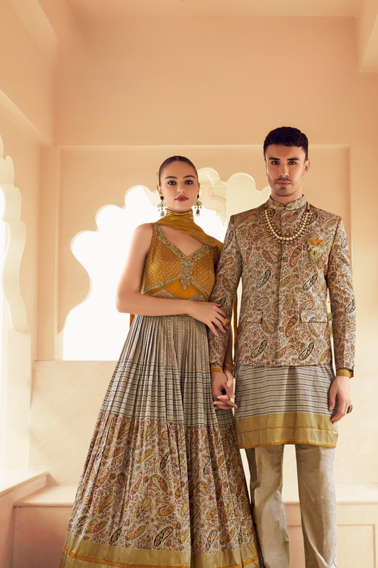 Ethnic Beige Printed Skirt & Kurta Jacket Set for Couple - LaVante Fashion