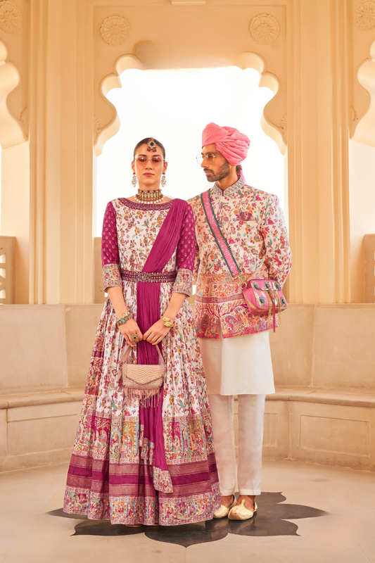 Elegant White Floral Anarkali Dress & Men's Kurta-Coat Set – Couple Outfit - LaVante Fashion
