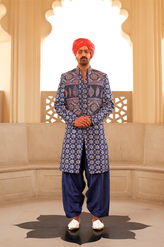 Blue Anarkali Dress and Navy Blue Printed Kurta Set for Couple - LaVante Fashion