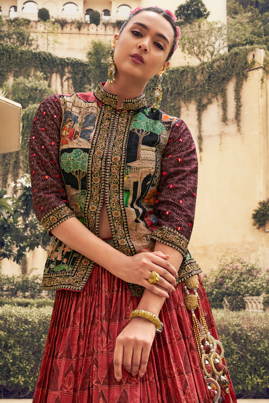 Ethnic Red Printed Skirt & Kurta Jacket Set for Couple - LaVante Fashion