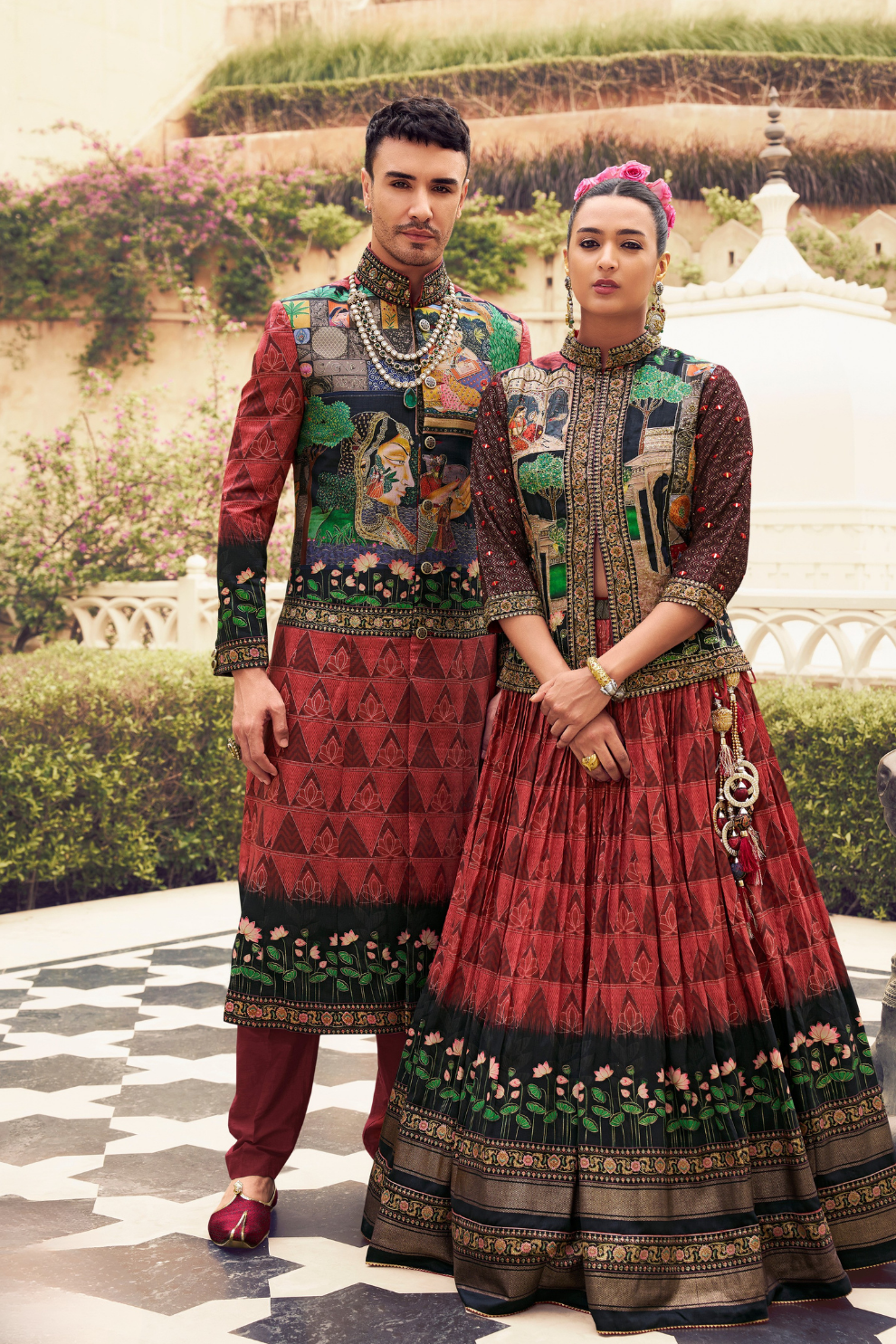 Ethnic Red Printed Skirt & Kurta Jacket Set for Couple - LaVante Fashion