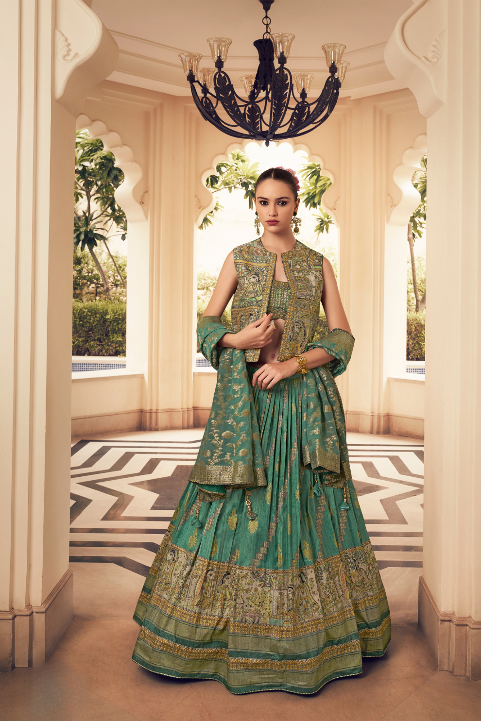 Ethnic Green Printed Skirt & Kurta Jacket Set for Couple - LaVante Fashion