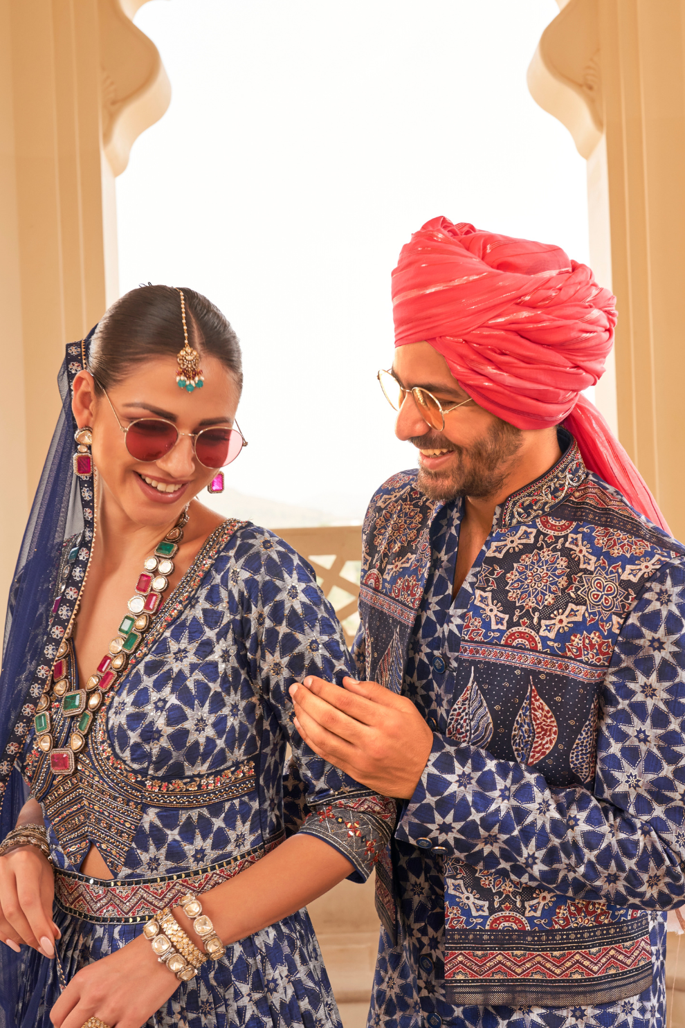 Blue Anarkali Dress and Navy Blue Printed Kurta Set for Couple - LaVante Fashion