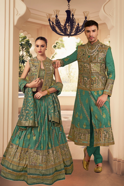 Ethnic Green Printed Skirt & Kurta Jacket Set for Couple - LaVante Fashion