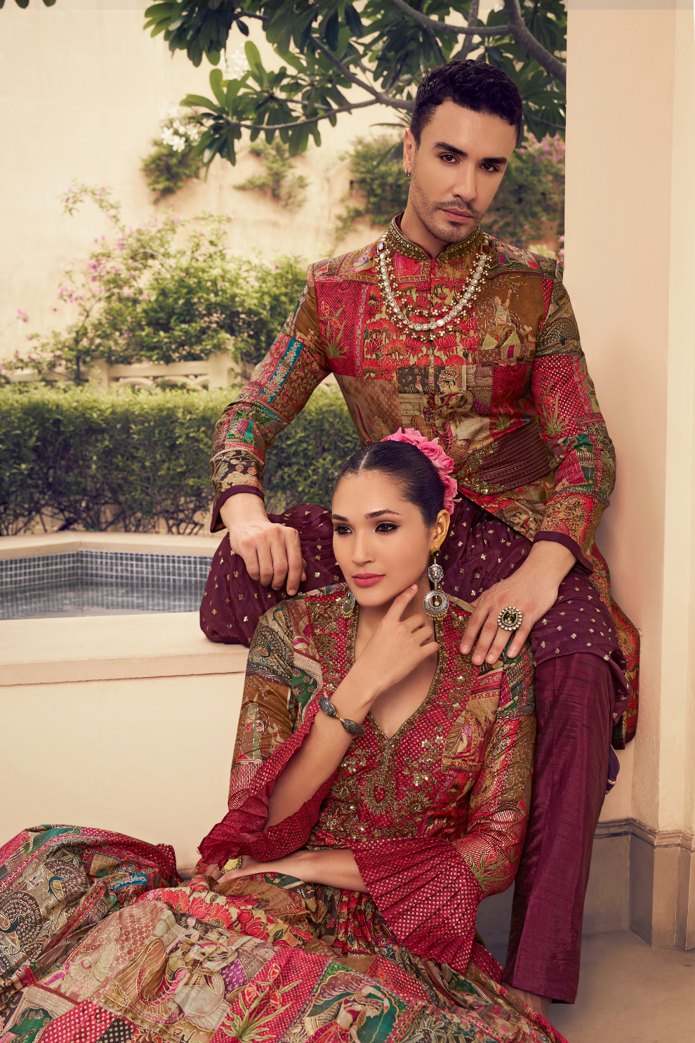 Ethnic Maroon Printed Skirt & Kurta Jacket Set for Couple - LaVante Fashion