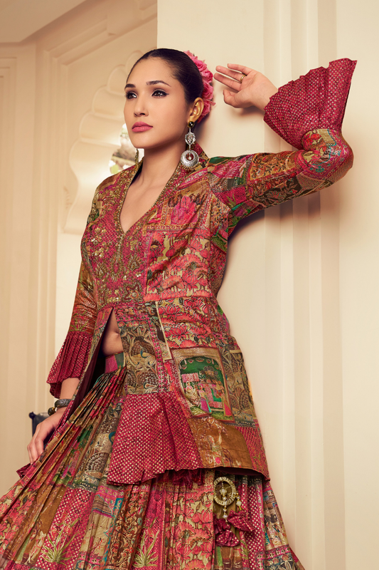 Ethnic Maroon Printed Skirt & Kurta Jacket Set for Couple - LaVante Fashion