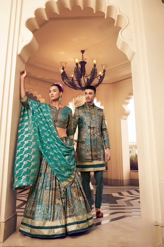 Ethnic Blue Printed Skirt & Kurta Jacket Set for Couple - LaVante Fashion