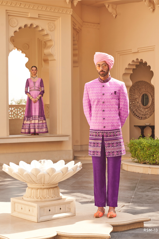 Pink Anarkali Dress and Navy Blue Printed Kurta Set for Couple - LaVante Fashion