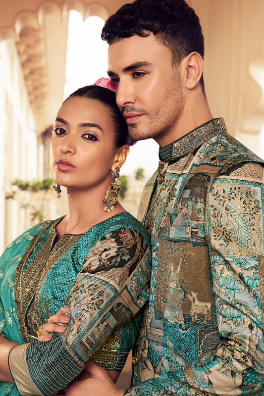 Ethnic Blue Printed Skirt & Kurta Jacket Set for Couple - LaVante Fashion