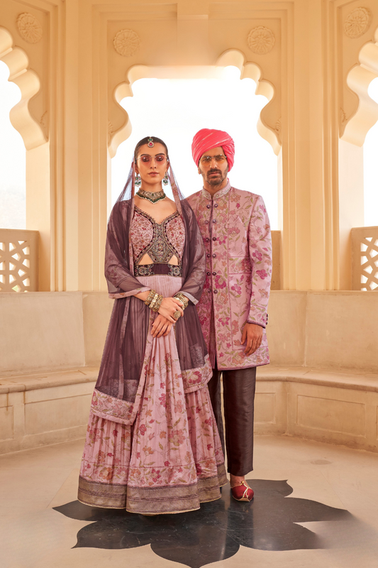 Peach Floral Printed Anarkali Dress & Men's Kurta-Coat Set – Couple Outfit - LaVante Fashion