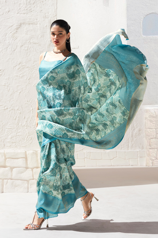 Designer Digital Printed Banarasi Slik Saree in Elegant Aqua Blue