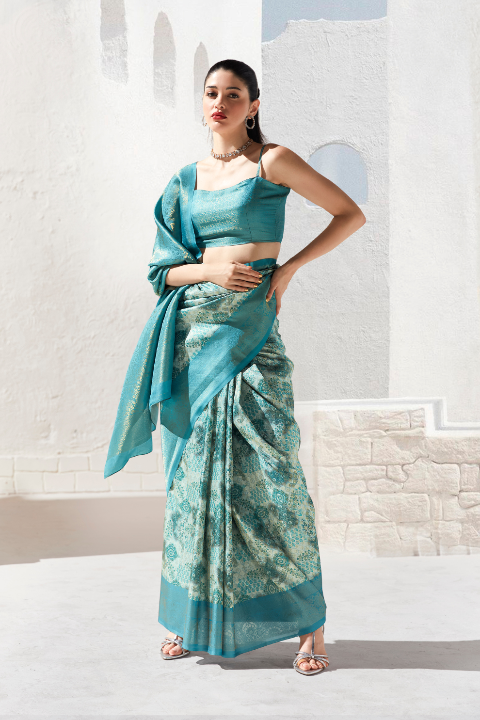 Designer Digital Printed Banarasi Slik Saree in Elegant Aqua Blue
