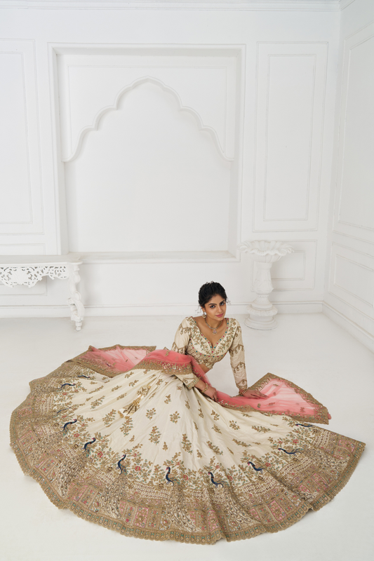 Amazing white Embroidered zari silk Designer bridal Lehenga