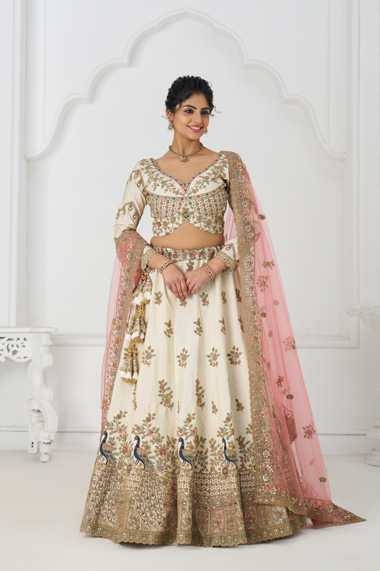 Amazing white Embroidered zari silk Designer bridal Lehenga