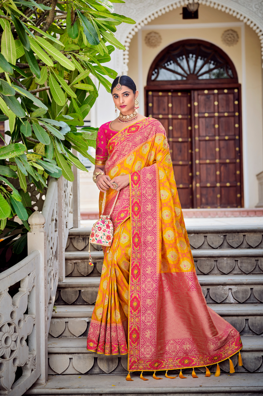 Odette Yellow Banarasi Silk Saree with Woven Royal Design
