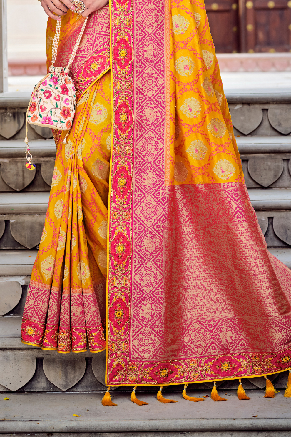 Odette Yellow Banarasi Silk Saree with Woven Royal Design