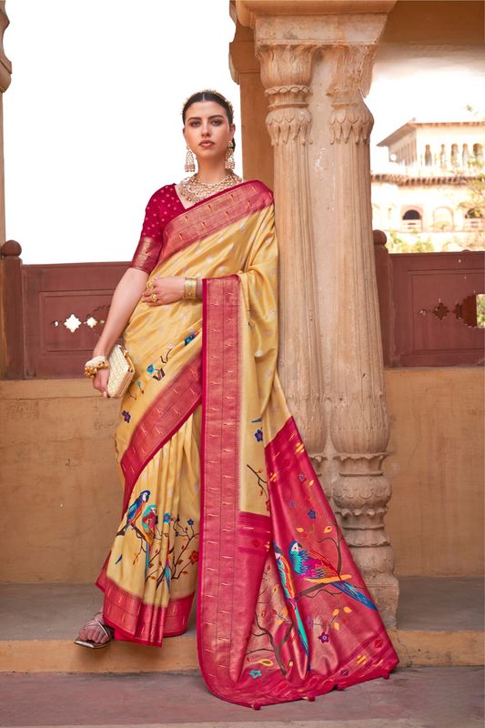 Banarasi Silk Blend Saree Featuring Grey Peacock Design