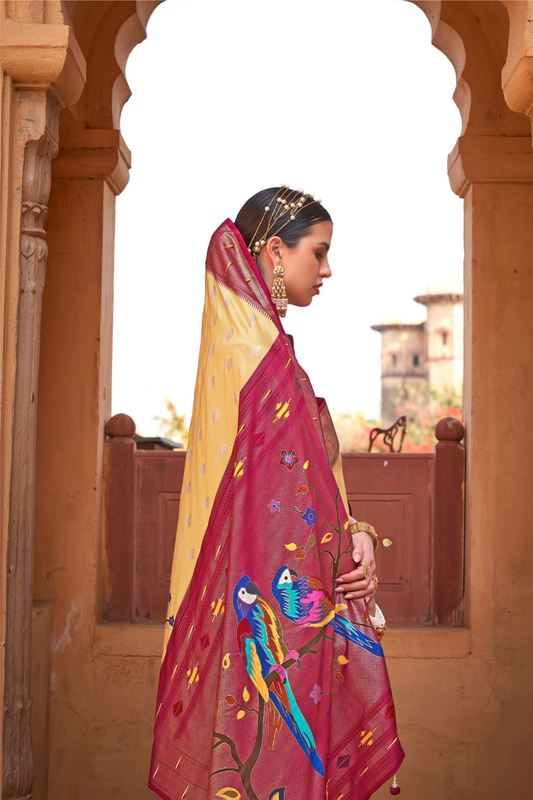 Banarasi Silk Blend Saree Featuring Grey Peacock Design