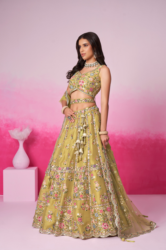 Bridal Net Moti And Sequins Embroidery Lehenga Choli Dupatta