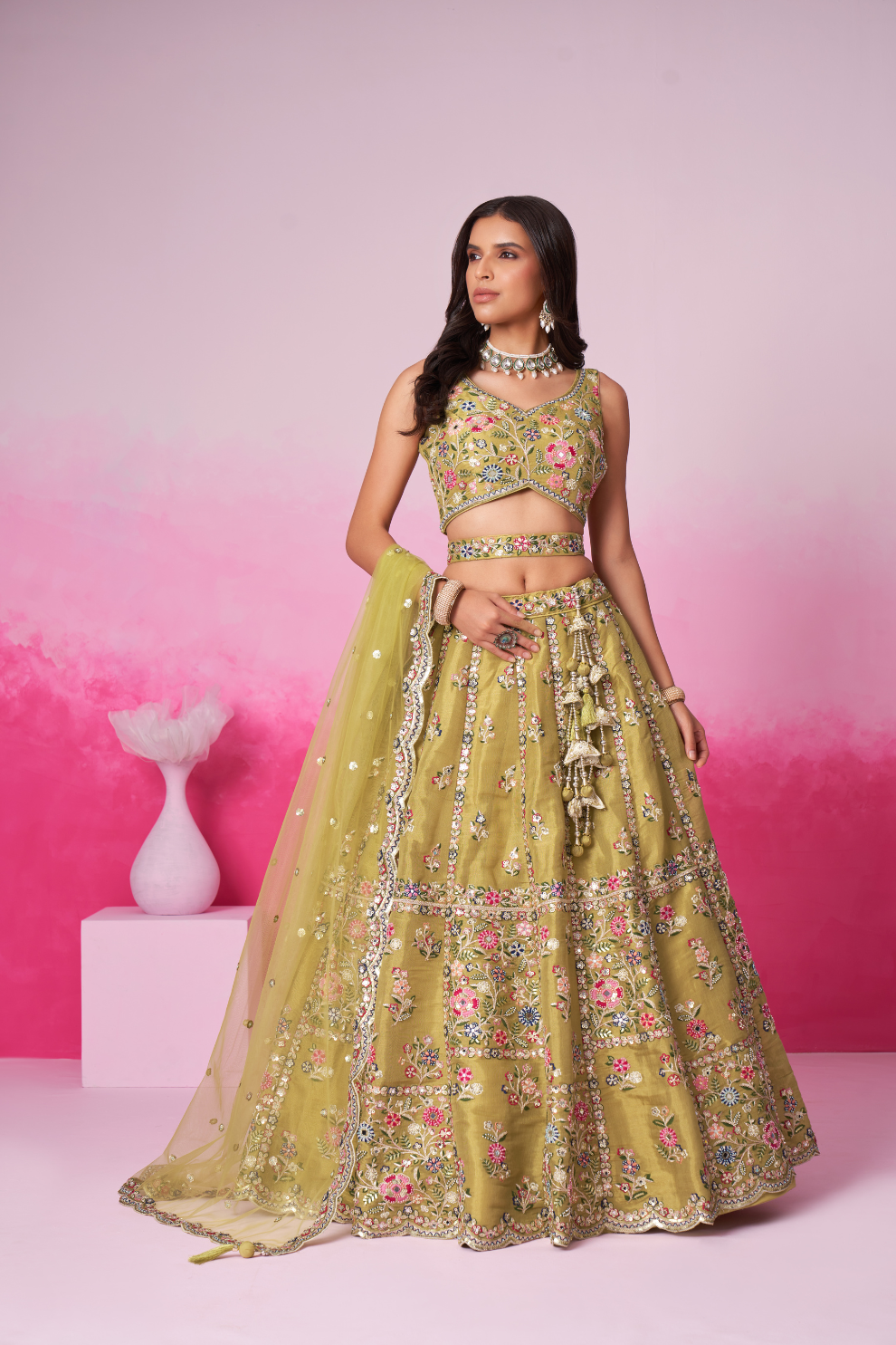 Bridal Net Moti And Sequins Embroidery Lehenga Choli Dupatta