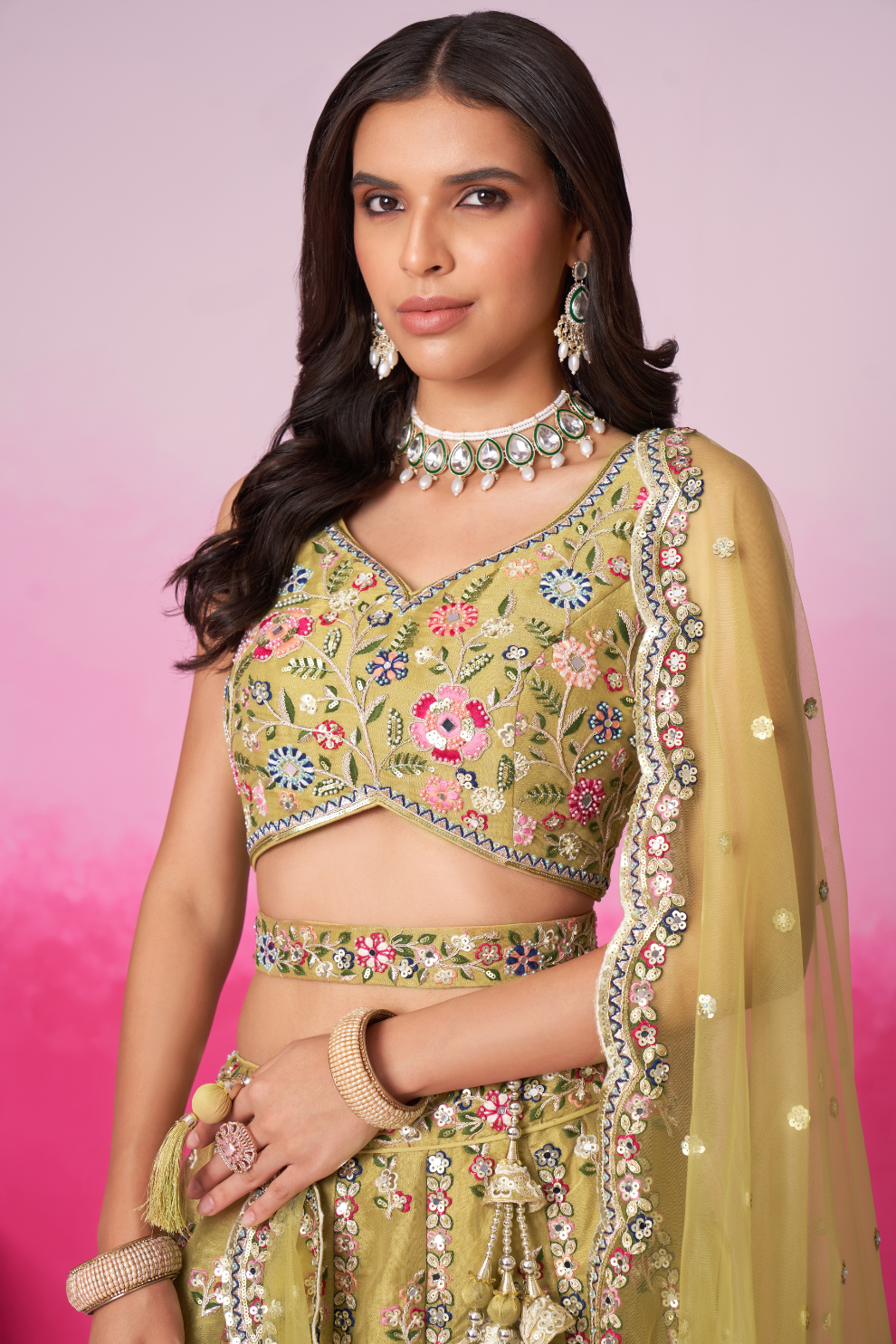 Bridal Net Moti And Sequins Embroidery Lehenga Choli Dupatta