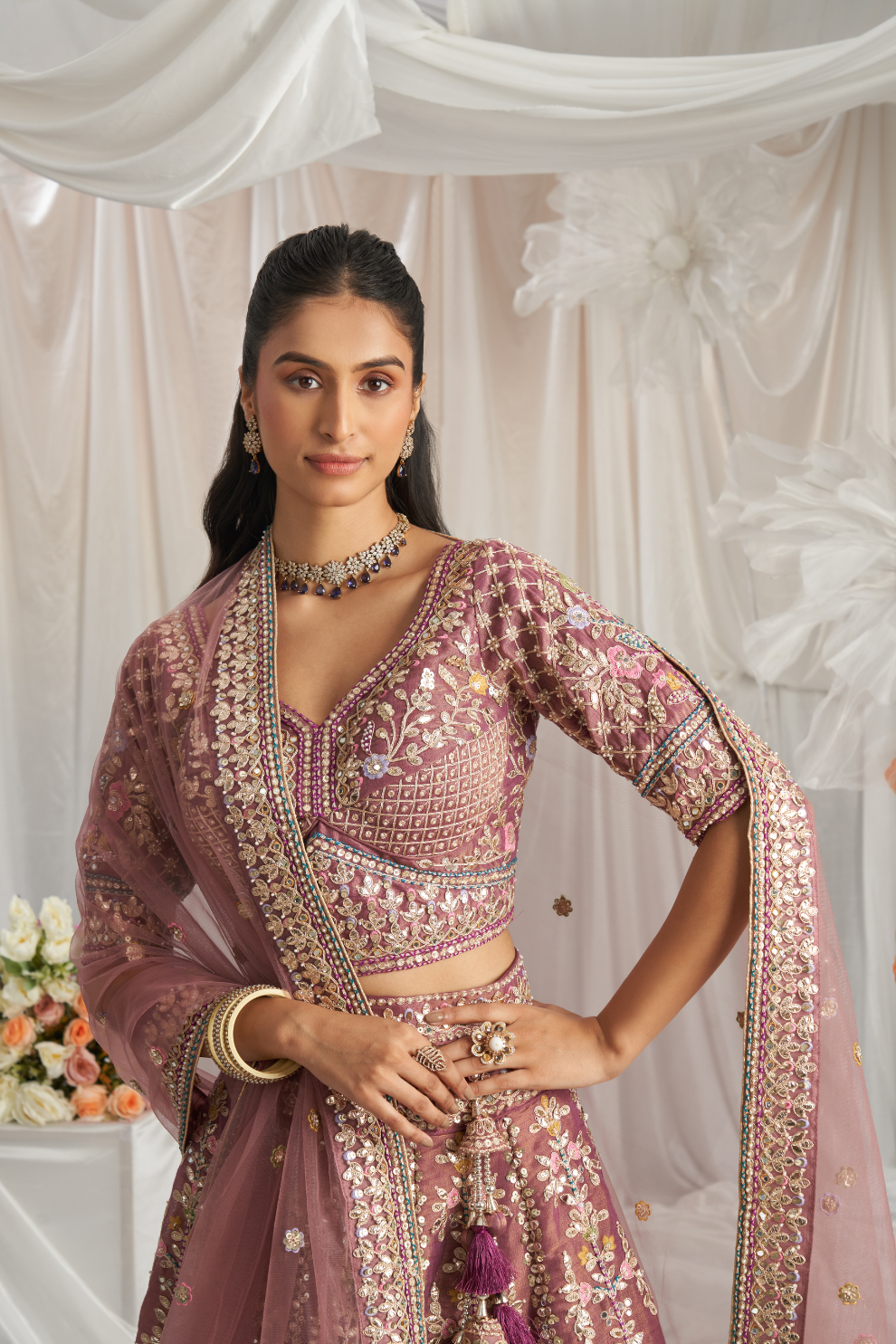 Elegant Bridal Net Lehenga with Gotapatti & Moti Work