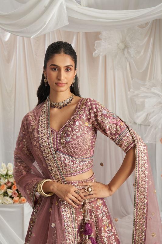 Elegant Bridal Net Lehenga with Gotapatti & Moti Work