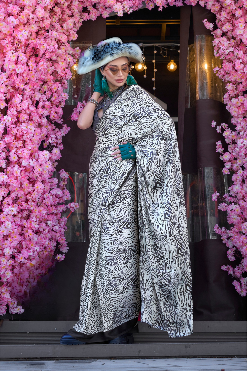 Contemporary Print Satin Crepe Saree with Chic Glossy Drape