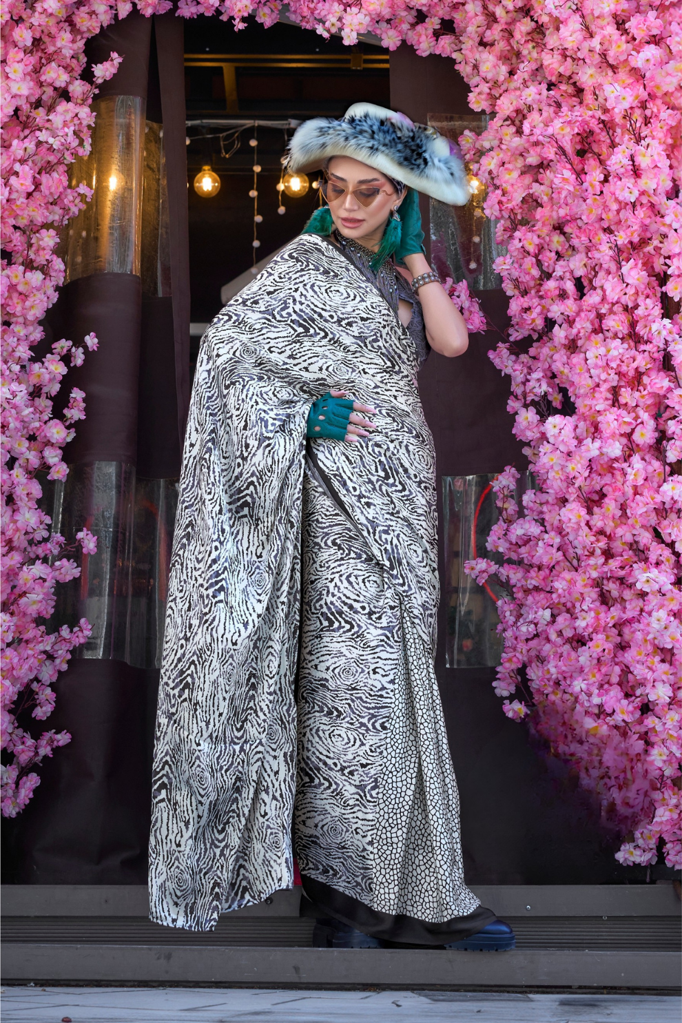 Contemporary Print Satin Crepe Saree with Chic Glossy Drape