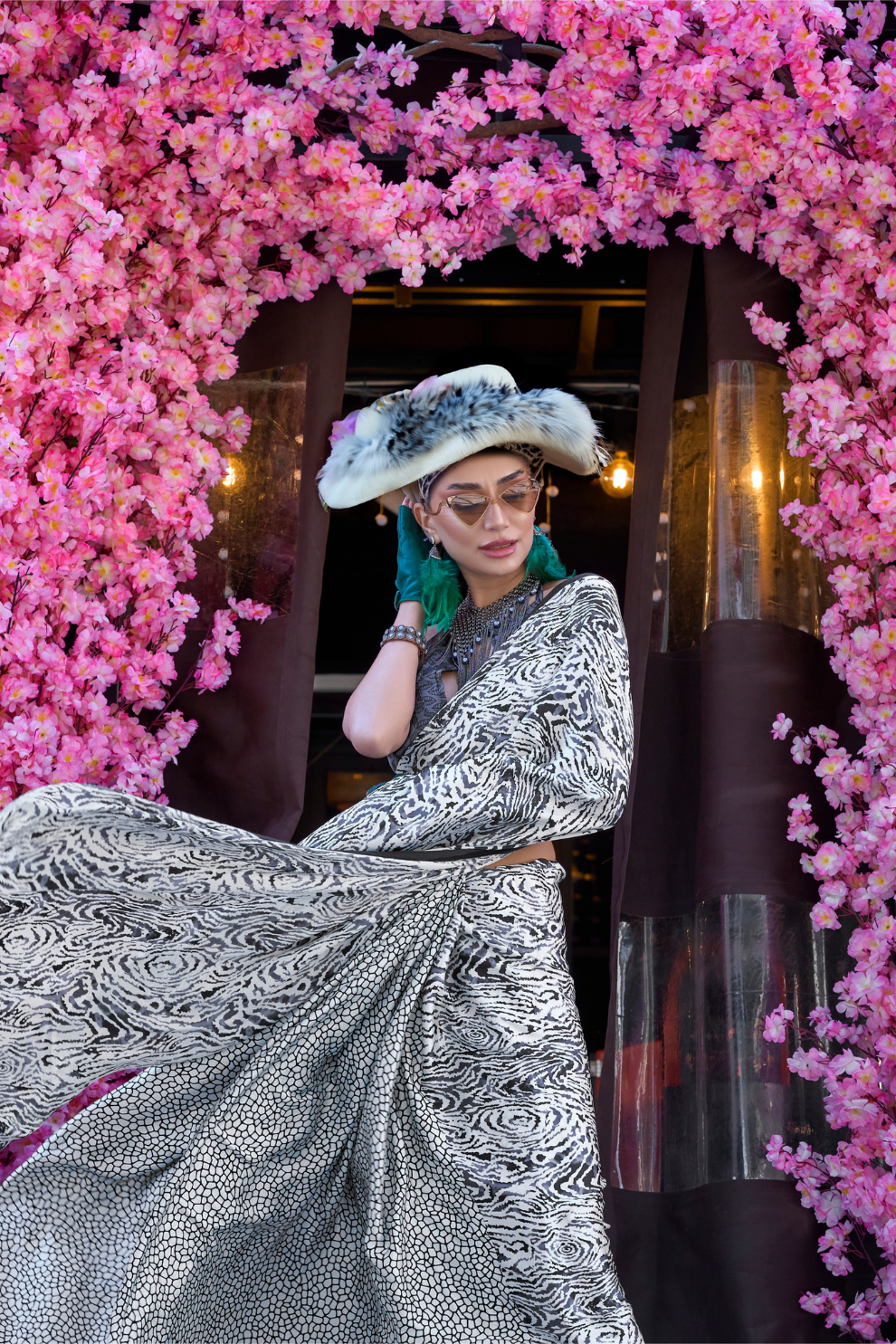 Contemporary Print Satin Crepe Saree with Chic Glossy Drape