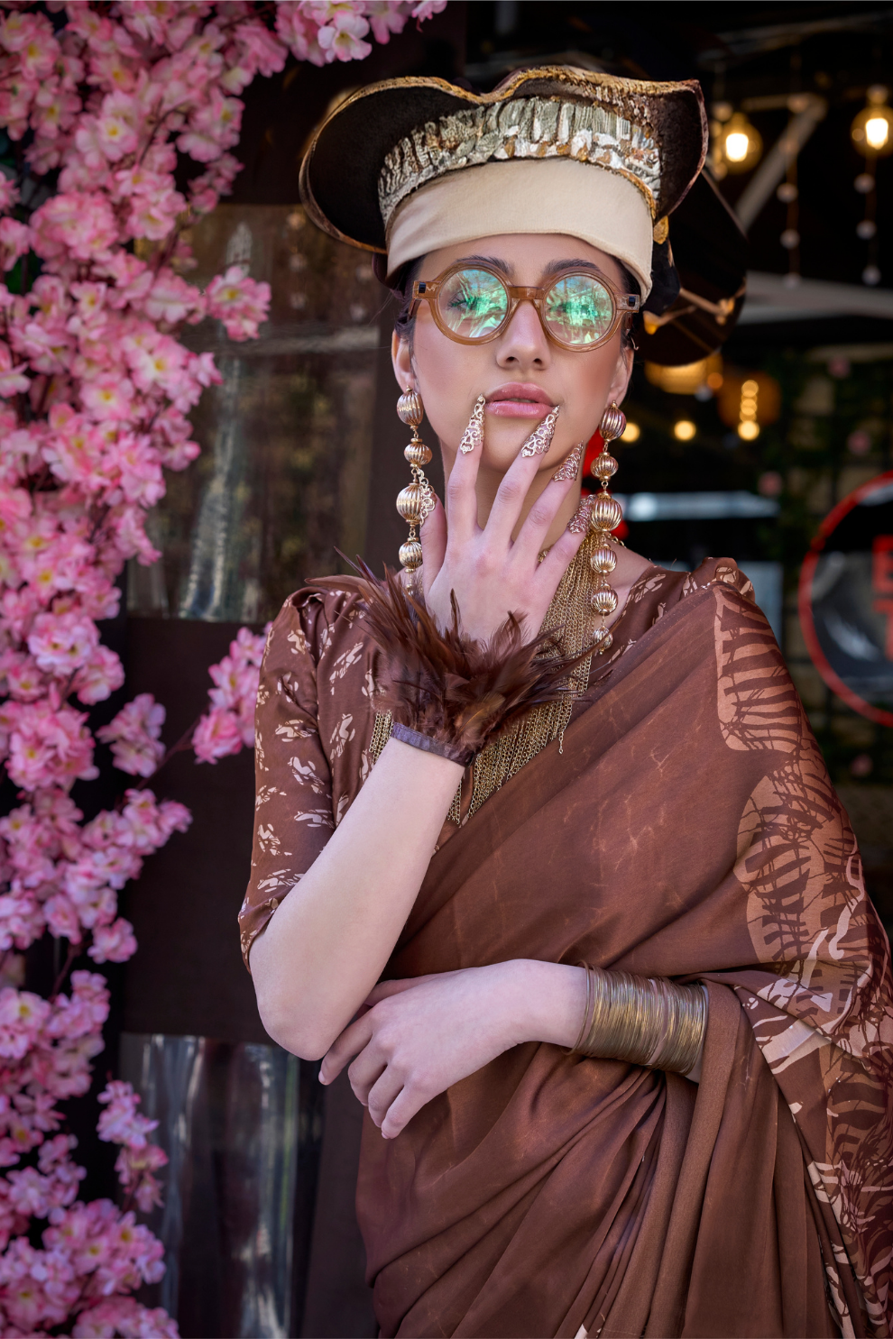 Contemporary Print Satin Crepe Saree with Chic Glossy Drape