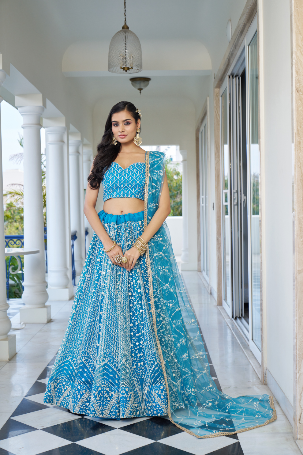 Designer Thread Sequin Embroidered Net Lehenga for Festive Wear