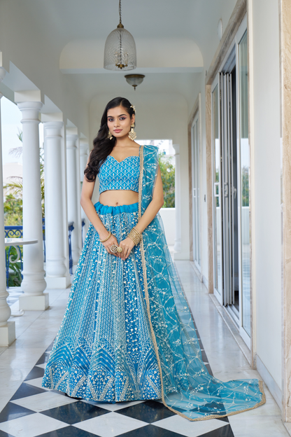 Designer Thread Sequin Embroidered Net Lehenga for Festive Wear