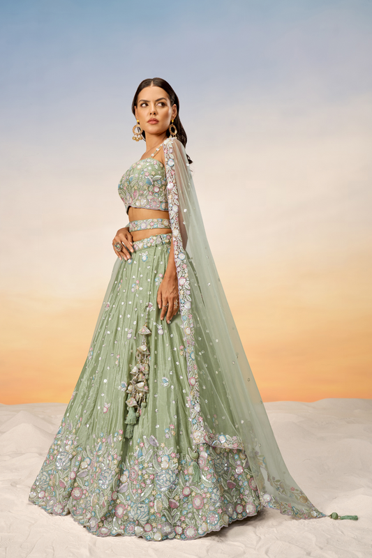 Chiffon Sequins And Thread Embroidery Lehenga Choli Dupatta