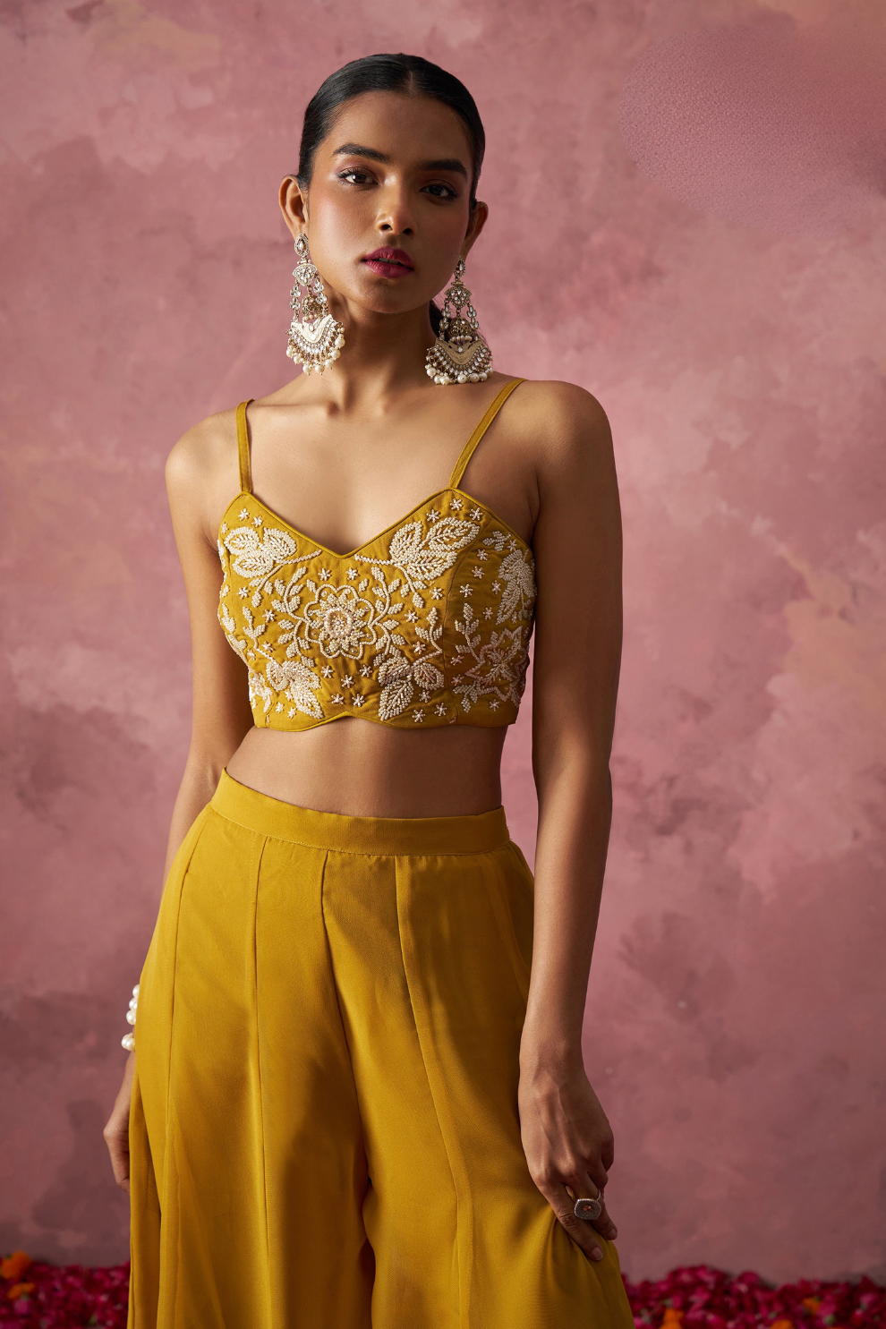 Yellow Georgette Indo-Western Cape Set with Khatli Work