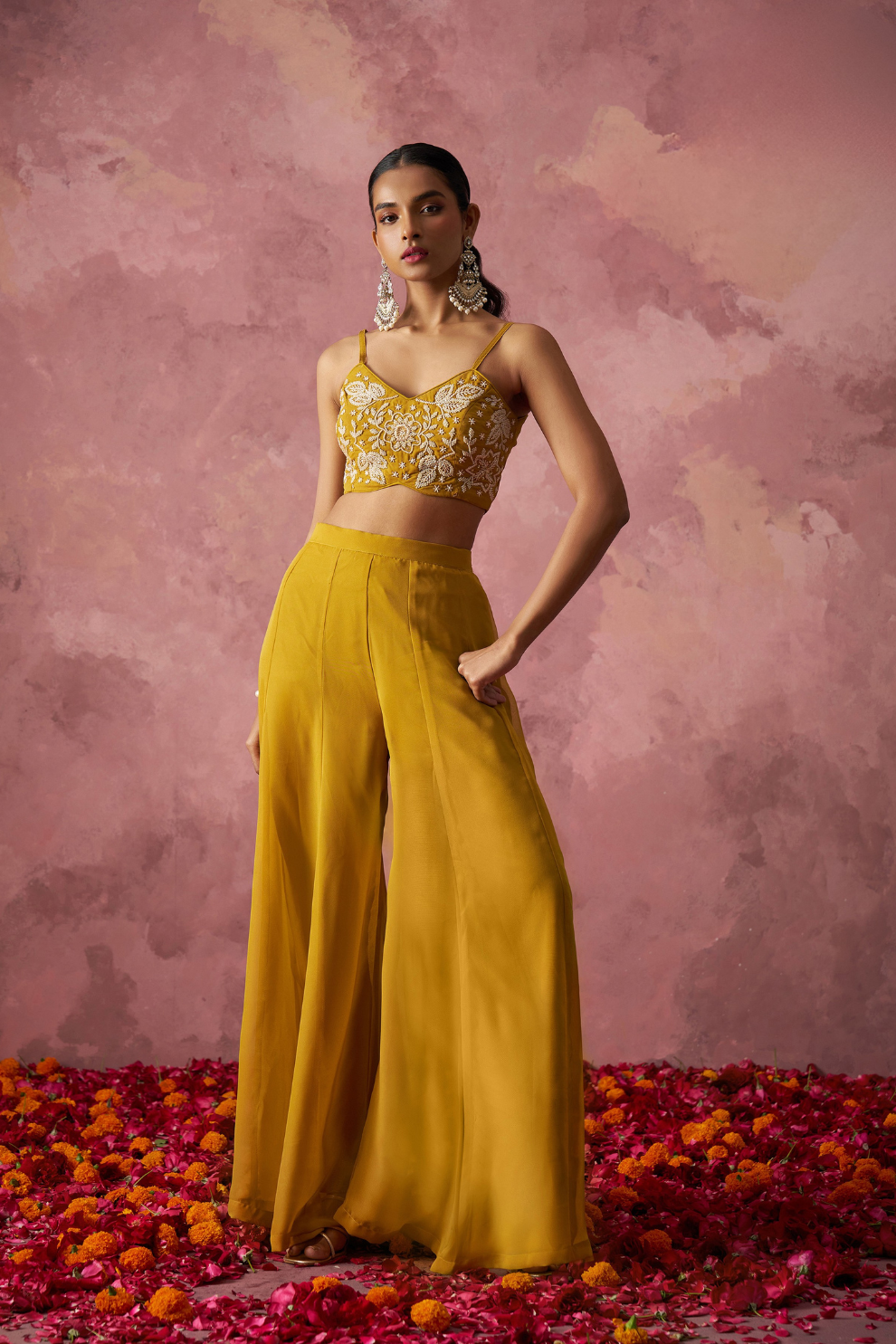 Yellow Georgette Indo-Western Cape Set with Khatli Work