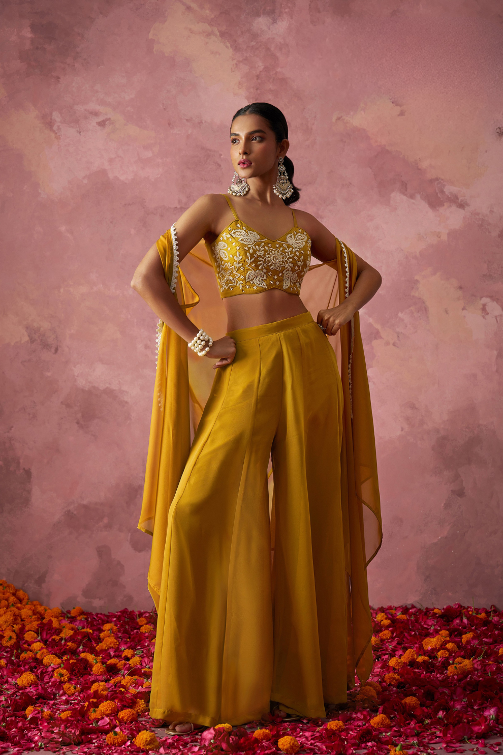 Yellow Georgette Indo-Western Cape Set with Khatli Work
