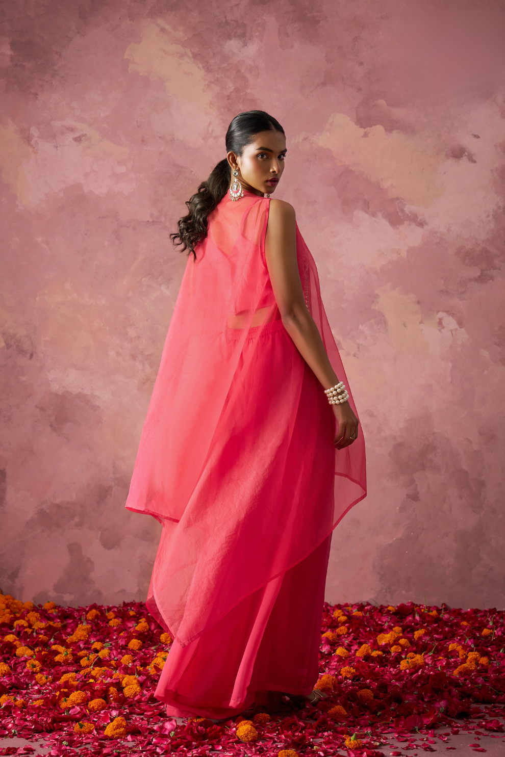 Peach Pink Georgette Indo-Western with Handwork Shrug