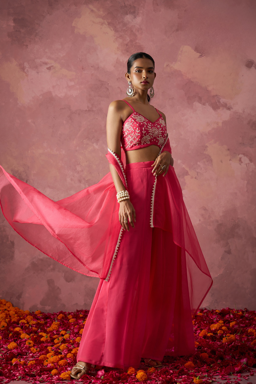 Peach Pink Georgette Indo-Western with Handwork Shrug